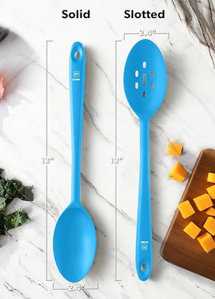 DI ORO Silicone Mixing & Serving Spoons - Large Heat-Resistant Non Stick Utensils Big Solid & Slotted Basting Spoons - Dishwasher Safe (2pc, Blue)