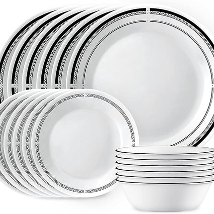 Corelle 18-Piece Round Dinnerware Set Service for 6, Lightweight Round Plates and Bowls Set, Vitrelle Triple Layer Glass, Chip and Scratch Resistant, Microwave and Dishwasher Safe, Brasserie
