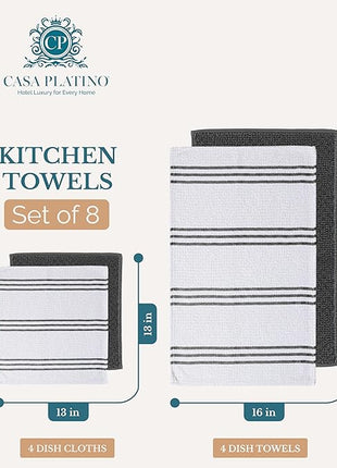 Casa Platino 8PC Cotton Kitchen Towels, 16"x26", Summer Grey Kitchen Towels