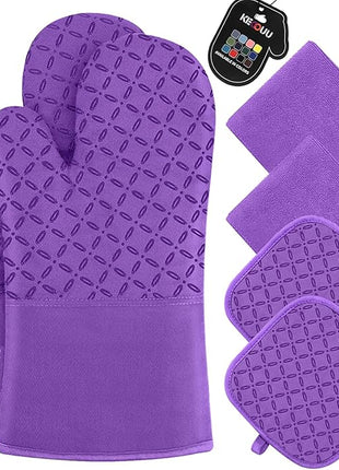 KEGOUU Oven Mitts and Pot Holders 6pcs Set, Kitchen Oven Glove High Heat Resistant 500 Degree Extra Long Oven Mitts and Potholder with Non-Slip Silicone Surface for Cooking (Purple)