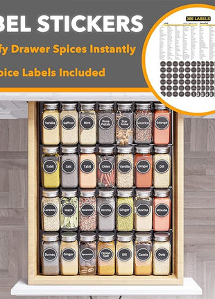 SpaceAid Spice Drawer Organizer with 28 Spice Jars, 386 Spice Labels, 4 Tier Seasoning Rack Tray Insert for Kitchen Drawers, 13" Wide x 17.5" Deep