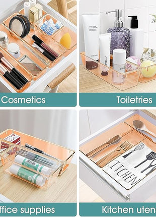WOWBOX 25 PCS Plastic Drawer Organizer Set, 4 Sizes Desk Drawer Divider Organizers and Storage Bins for Makeup, Jewelry, Gadgets for Kitchen, Bedroom, Bathroom, Office, Clear Orange