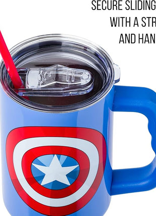 Silver Buffalo Marvel Captain America Shield Stainless Steel Tumbler with Handle and Straw, Fits in Standard Cup Holder, 40 Ounces
