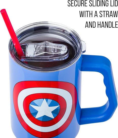 Silver Buffalo Marvel Captain America Shield Stainless Steel Tumbler with Handle and Straw, Fits in Standard Cup Holder, 40 Ounces