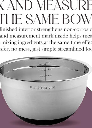 Bellemain Mixing Bowls with Lids Set - Stainless Steel Mixing Bowls with Airtight Lids - Food Storage Containers - 3PCS Set with Non-Slip Bottoms Kitchen Essentials for Baking - Serving