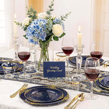 Nervure 350Pcs Blue Plastic Plates - Blue Gold Plastic Dinnerware Sets for 50 Guests - 100 Navy Gold Disposable Plates, 50 Pre Rolled Silverware, 50 Cups Perfect for Wedding & Party