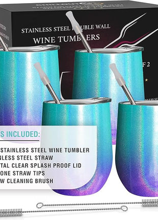 CHILLOUT LIFE 12 oz Stainless Steel Wine Tumblers 4 Pack - Double Wall Vacuum Insulated Wine Glasses Cups with Lids and Straws Set Keeping Cold & Hot for Coffee, Beer, Ice Cream - Mermaid Sparkle