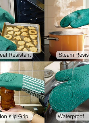 Silicone Oven Mitts Heat Resistant 932℉ with Waterproof & Non-Slip Kitchen Mittens, Set of 2 Extra Long Oven Gloves with Soft Cotton Terry Lining for Baking Cooking Barbecue (Emerald Green, 2)