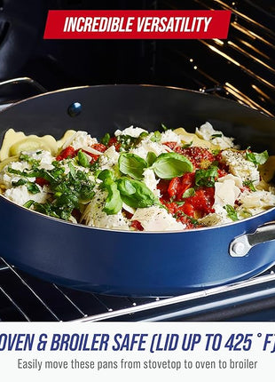 Blue Diamond 5QT Saute Pan with Lid, Non Toxic PFAS-Free Diamond Ceramic Nonstick, Dishwasher & Oven Safe, Metal Utensil Safe, Deep Jumbo Cooker Skillet with Helper Handle, Glass Lid, Blue