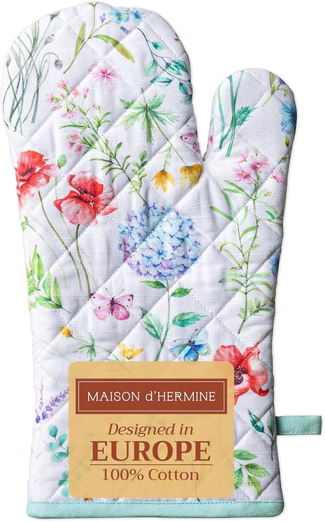 Maison d' Hermine Oven Gloves 100% Cotton Oven Mitt 7" x 13" with Loop Heat Resistant, BBQ, Cooking Gloves, Baking, Grilling, Kitchen, Handling Hot Pans Spring/Summer (Pack of 1, Just Floral)