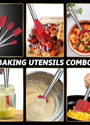 5pcs Silicone Spatula Cooking Utensils Set with Stainless Steel Handles, Premium Heat-Resistant Kitchen Utensils for Baking, Spoonula & Silicone Brush Included, Safe for Nonstick Cookware (Red)