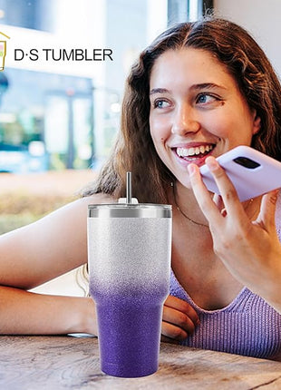 D·S 30 oz Tumbler Purple Glitter Gradient Cup Stainless Steel Double Wall Vacuum Insulated Mug with Straw and Lid, Cleaning Brush for Cold and Hot Beverages