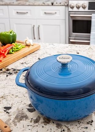 Lodge 6 Quart Enameled Cast Iron Dutch Oven with Lid – Dual Handles – Oven Safe up to 500° F or on Stovetop - Use to Marinate, Cook, Bake, Refrigerate and Serve – Blue