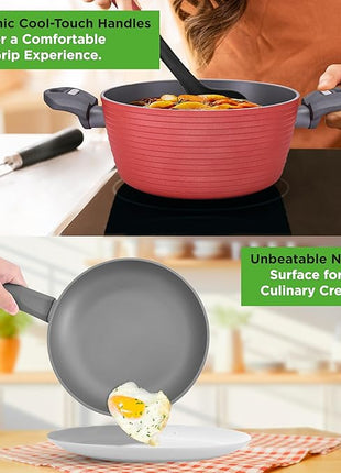 NutriChef 12-Piece Nonstick Kitchen Cookware Set-PTFE/PFOA/PFOS-Free Heat Resistant Lacquer Kitchen Ware Pots Pan Set Dark Gray/Red- Saucepot, Pans, Cooking Pot Oven Pot, Lid, Utensil - NCCW12RED