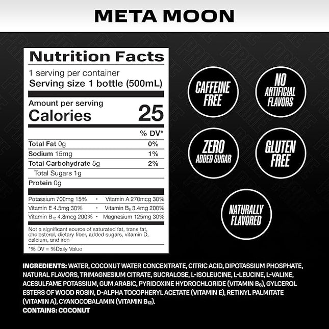 PRIME Hydration META MOON | Sports Drinks | Electrolyte Enhanced for Ultimate Hydration | 250mg BCAAs | B Vitamins | Antioxidants | 2g Of Sugar | 16.9 Fluid Ounce | 12 Pack