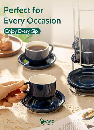 Sweese 8 Ounce Porcelain Stackable Cappuccino Cups with Saucers and Metal Stand - for Specialty Coffee Drinks, Cappuccino, Latte, Americano and Tea - Set of 4, Navy