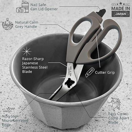CANARY Japanese Kitchen Shears with Cutter 7.5" Offset Angled Blade, Made in JAPAN, Dishwasher Safe Come Apart Blade, All-Purpose Detachable Kitchen Scissors, Rust Proof Japanese Stainless Steel, Gray