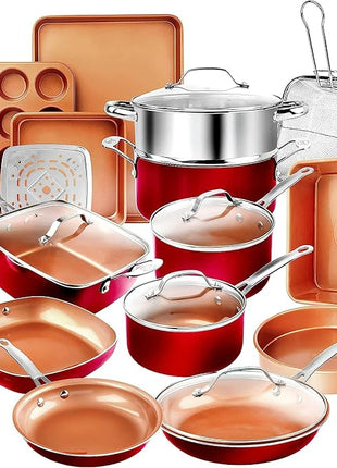 Gotham Steel 20 Pc Pots and Pans Set Nonstick Cookware + Bakeware Set, Complete Ceramic for Kitchen, Non Stick with Lids, Dishwasher / Oven Safe, Toxic - Red