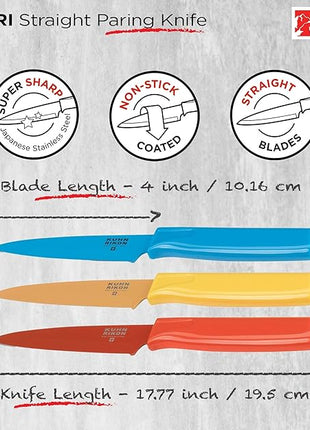 Kuhn Rikon Straight Paring Knife with Safety Sheath, 4 inch/10.16 cm Blade, Red, Yellow & Blue (Pack of 1)