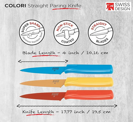 Kuhn Rikon Straight Paring Knife with Safety Sheath, 4 inch/10.16 cm Blade, Red, Yellow & Blue (Pack of 1)