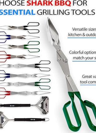 Shark BBQ Grill Tongs - 17 inch (Green). Professional steak grilling utensil. Long-reach Barbeque Tong. Ideal for steak, fish, burger, and sausage