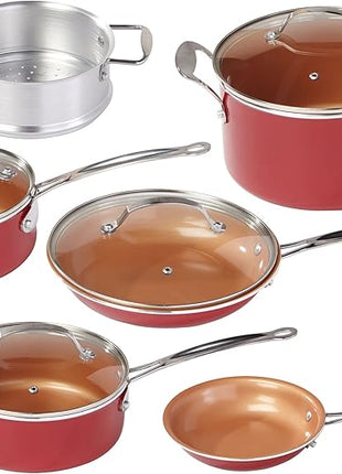 BulbHead Red Copper 10 PC Copper-Infused Ceramic Non-Stick Cookware Set