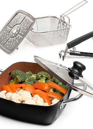 Moss & Stone 5 Pcs Black Copper Chef Cookware Non Stick Deep Frying Pan, Fry Basket, Steamer Rack, Dishwasher & Oven Safe, 5 Qt Deep Square Pan, Induction Copper Cookware Set - 9.5" x 3.5"