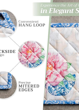 Maison d' Hermine 100% Cotton Oven Mitt & Pot Holder Set (7.5"x13" & 8"x8") Heat Resistant BBQ Cooking Gloves with Loop, Baking, Grilling, Kitchen, Handling Hot Pans Spring/Summer (Canton)