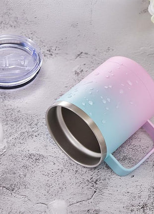 MEWAY 12oz Coffee Mug With Handle 2 Pack Bulk,Stainless Steel Insulated Travel Tumblers With Sliding Lid,Double Wall Vacuum Camping Cup for Hot & Cold Drinks Tea (Bubble Gum&Blue Waves,Set of 2)