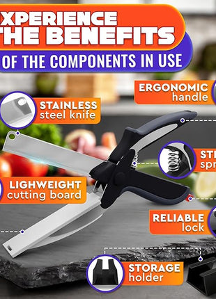 2 in 1 Kitchen Scissors for Food – Stainless Steel Blade & Plastic Cutting Board Scissors with Safety Lock | 9.6" Tomato Knife, Fruit & Vegetable Cutter – Easy-to-Use Kitchen Shears for Meat, Cheese