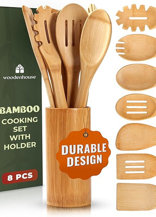 Bamboo Utensils 7 PCs with Holder – Bamboo Cooking Utensils Set + Holder for Nonstick – Wooden Spoon Sets for Cooking – Easy to Clean, Sturdy, Lightweight & Heat Resistant