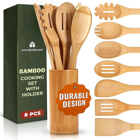 Bamboo Utensils 7 PCs with Holder – Bamboo Cooking Utensils Set + Holder for Nonstick – Wooden Spoon Sets for Cooking – Easy to Clean, Sturdy, Lightweight & Heat Resistant