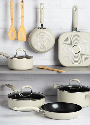 Goodful Ceramic Nonstick Pots and Pans Set, Premium Ceramic Coating Made without PFOA, PTFE or PFAS, Dishwasher Safe, 12-Piece, Cream