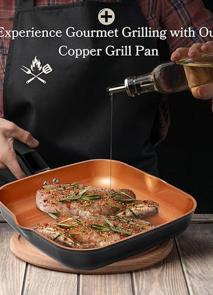 Moss & Stone Square Grill Pan For Indoor Cooking, 9.5In Frying Pan Copper Non-Stick Saute Fry Pan, Induction Copper Pan for Meats & Vegetables, Aluminum Griddle Nonstick Stove Top Grill Pan