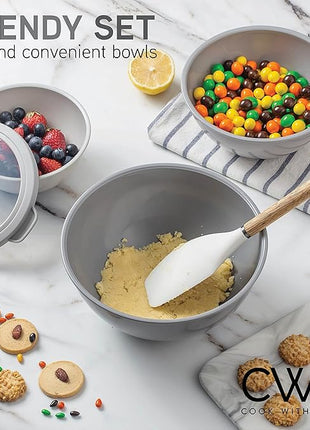 COOK WITH COLOR Mixing Bowls Set with TPR Lids - 12 Piece Plastic Nesting Bowls Set includes 6 Prep Bowls and 6 Lids, Microwave Safe (Grey)