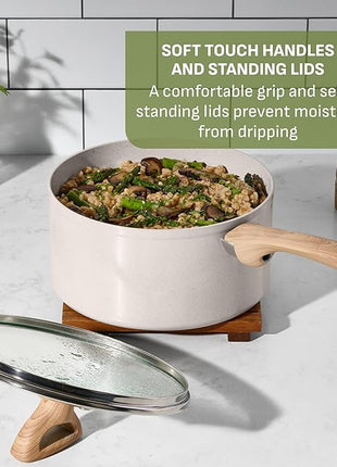 T-Fal Revive Ceramic Nonstick Cookware Set, Oven Safe Up to 350ºF, 12-Piece, Includes Stockpot, Saucepan, Skillet, Frying Pans, Utensils, Ceramic Pots and Pans Set, Beige Granite