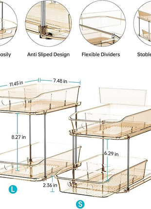 Delamu 2-Tier Under Sink Organizers and Storage, Multi-Purpose Stackable Bathroom Cabinet Organizers, Pull Out Kitchen Pantry Organization and Storage with Dividers(2 Pack, Amber)