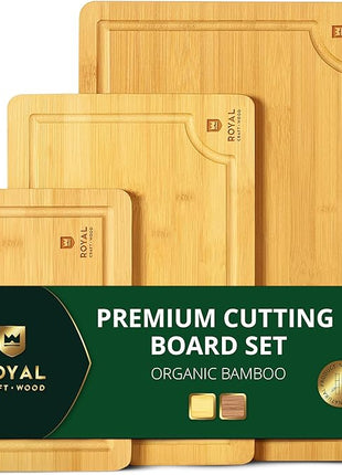 ROYAL CRAFT WOOD Wooden Cutting Boards for Kitchen Meal Prep & Serving - Premium Bamboo Wood Serving Board Set with Deep Juice Groove Side Handles - Charcuterie & Chopping Butcher Block for Meat