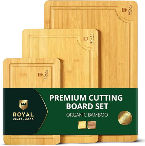 ROYAL CRAFT WOOD Wooden Cutting Boards for Kitchen Meal Prep & Serving - Premium Bamboo Wood Serving Board Set with Deep Juice Groove Side Handles - Charcuterie & Chopping Butcher Block for Meat