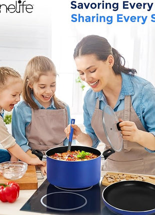 SereneLife 15-Pc Blue Nonstick Cookware Set, Heat-Resistant Pots & Pans Set with Lids, Dishwasher Safe, Includes Matching Utensils