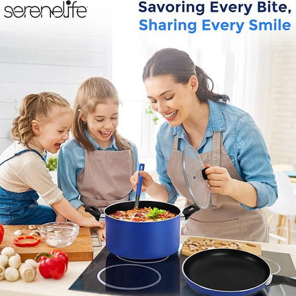 SereneLife 15-Pc Blue Nonstick Cookware Set, Heat-Resistant Pots & Pans Set with Lids, Dishwasher Safe, Includes Matching Utensils