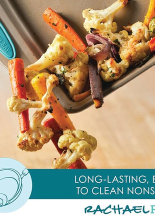 Rachael Ray 47578 Cucina Nonstick Bakeware Set with Grips Includes Nonstick Bread Pan, Baking Sheet, Cookie Sheet, Baking Pans, Cake Pan and Muffin Pan - 10 Piece, Latte Brown with Agave Blue Grips