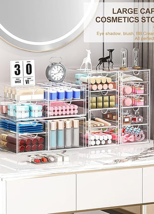 Makeup Organizer Storage With 16 Drawers, 4 Pcs Desktop Office Supplies, Desk Organizers, Clear Accessories, Dustproof Storage Drawer and for Make Up, Jewelry, Pen, Stationary