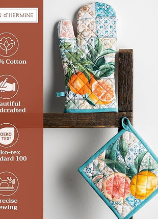 Maison d' Hermine 100% Cotton Oven Mitt & Pot Holder Set (7.5"x13" & 8"x8") Heat Resistant BBQ Cooking Gloves with Loop, Baking, Grilling, Kitchen, Handling Hot Pans Spring/Summer (Agrume)