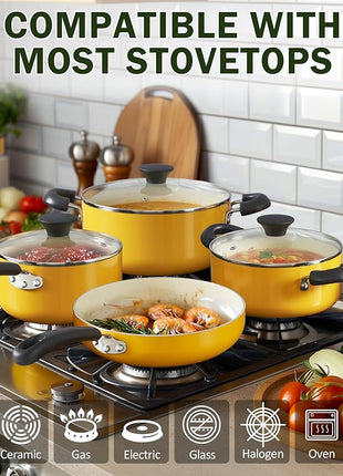 Cook N Home Pots and Pans Set Nonstick, 10-Piece Ceramic Kitchen Cookware Sets, Nonstick Cooking Set with Saucepans, Frying Pans, Dutch Oven Pot with Lids, Yellow