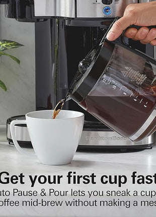 Hamilton Beach 2-Way Programmable Coffee Maker, 12 Cup Glass Carafe And Single Serve Coffee Maker, Black with Stainless Steel Accents, 49980RG