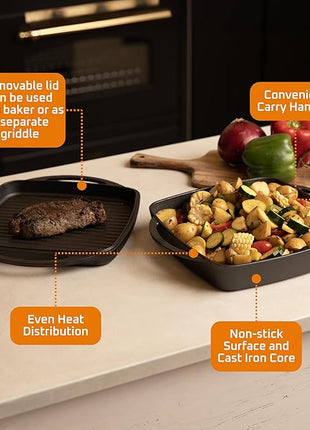 Bruntmor 2-in-1 Pre-Seasoned Cast Iron Dutch Oven with Grill Pan Lid and Handles - 11 Inch Non Stick Square Cast Iron Skillets for Braising, Grilling, and Frying - Heat-Resistant to Oven and Stovetop