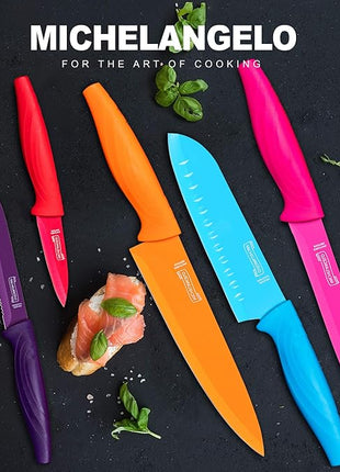 MICHELANGELO Knife Set, Sharp 10-Piece Kitchen Knife Set with Covers, Multicolor Knives, Stainless Steel Knives Set for Kitchen, 5 Rainbow Knives & 5 Sheath Covers