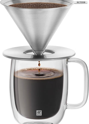 ZWILLING Sorrent Z1024-006 Stainless Steel Coffee Dripper/Mug Set, Double Wall Glass Coffee Mug, Heat Resistant, Cold Insulated, Paperless, Dishwasher Safe, For 1-4 Cups