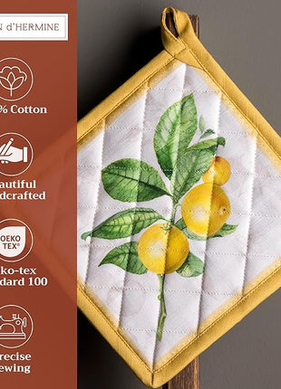 Maison d' Hermine Pot Holders 100% Cotton Heat Resistant Potholders 8" x 8" Hot Pads with Loop BBQ, Cooking, Baking, Grilling, Kitchen, Handling Hot Pans Spring/Summer (Pack of 1, Limoncello)
